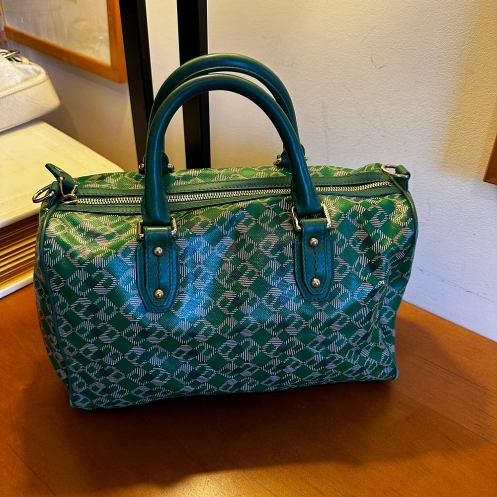 Bally Vintage Green Monogram Leather & Canvas Boston Bag.